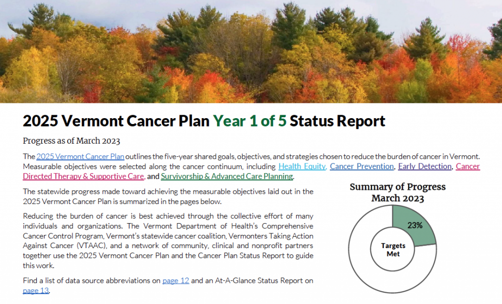 Screenshot of first page of Cancer Plan Status Report. Image of VT trees in the top border of image. Overview of Cancer Plan with a graph showing 23% of Cancer Plan goals have been met at end of year 1.